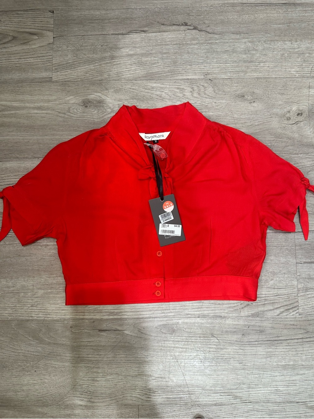 Red Cropped Tie-Sleeve Button Top